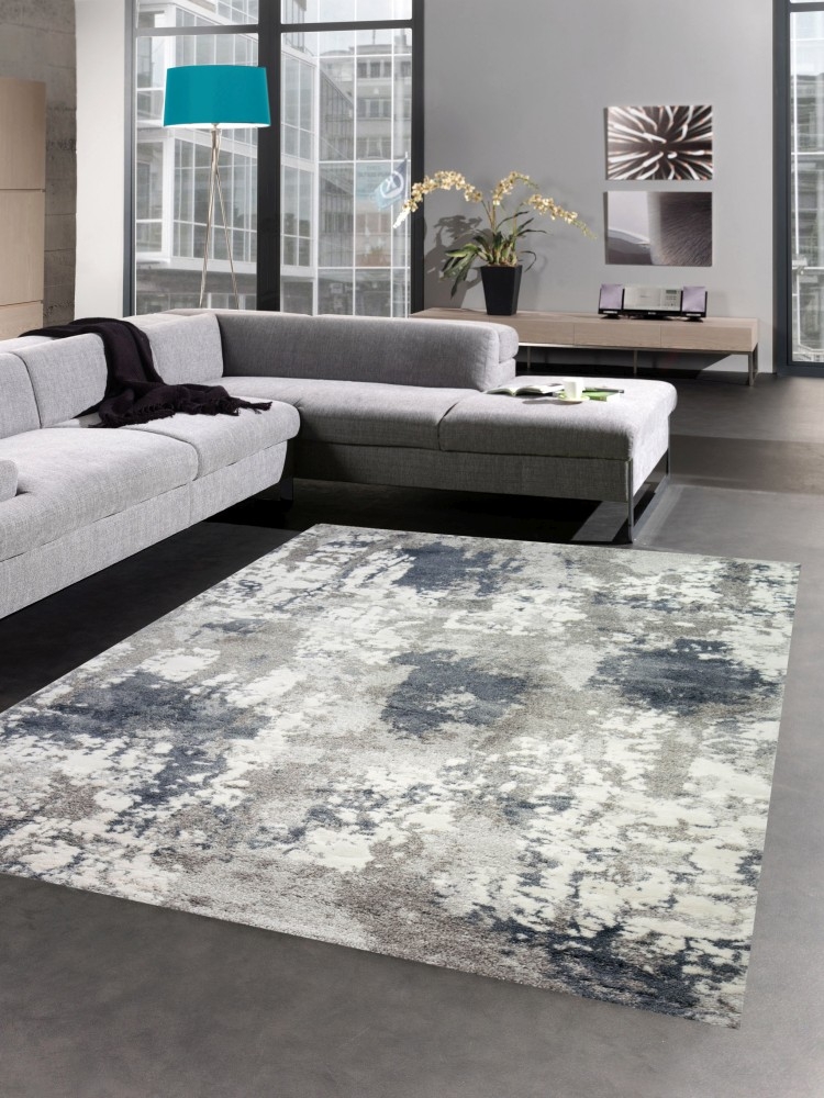 Teppich modern Designerteppich Wohnzimmer in grau creme blau