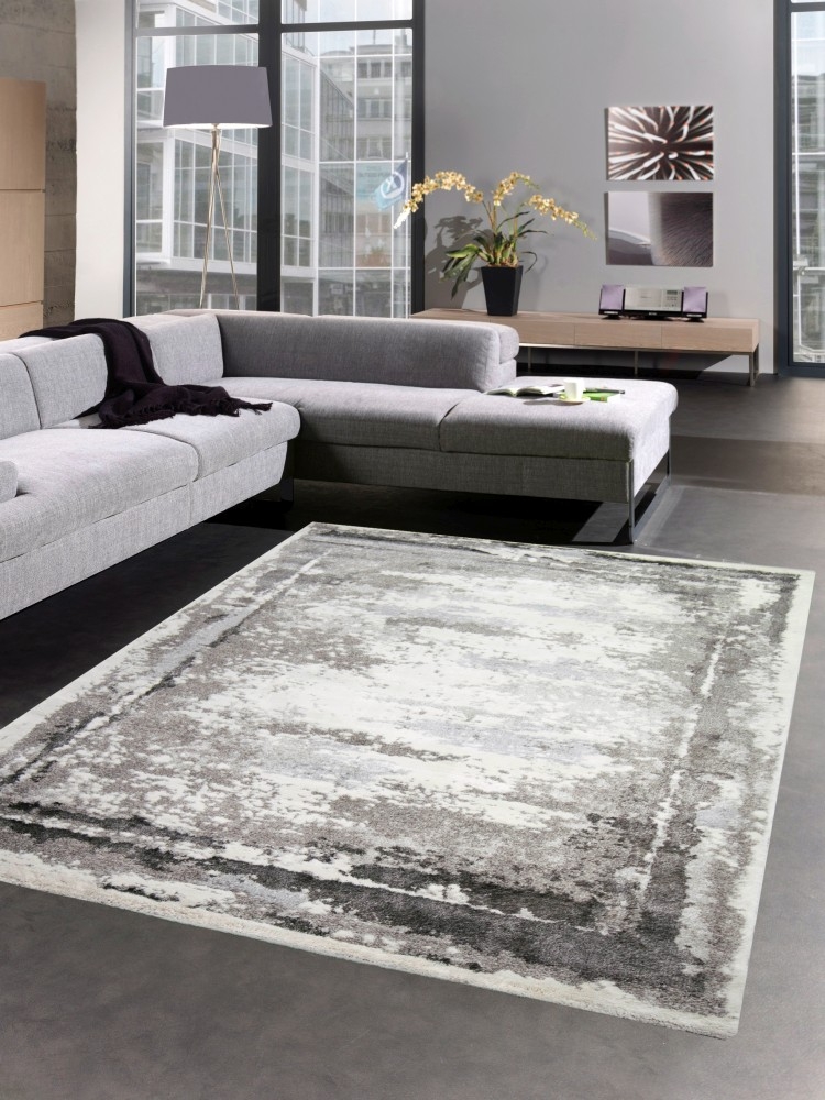 Teppich modern Designerteppich Wohnzimmer in grau creme blau