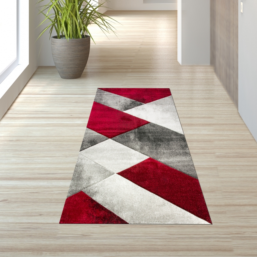 Moderner Teppich Kurzflor Wohnzimmerteppich karo abstrakt rot