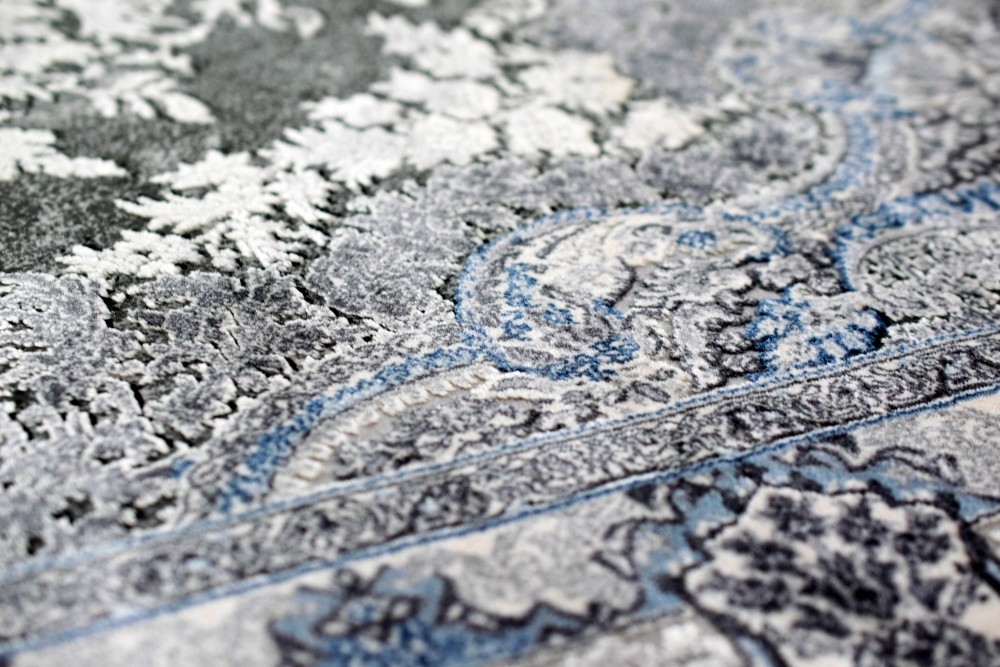 Teppich Luxus Designerteppich Wollteppich grau blau