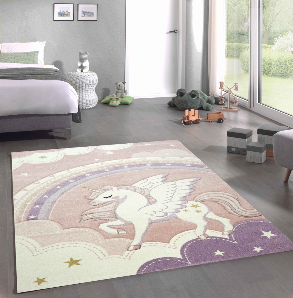 Spiel Teppich Kinderzimmer Himmel Wolken Regenbogen Einhorn rosa creme