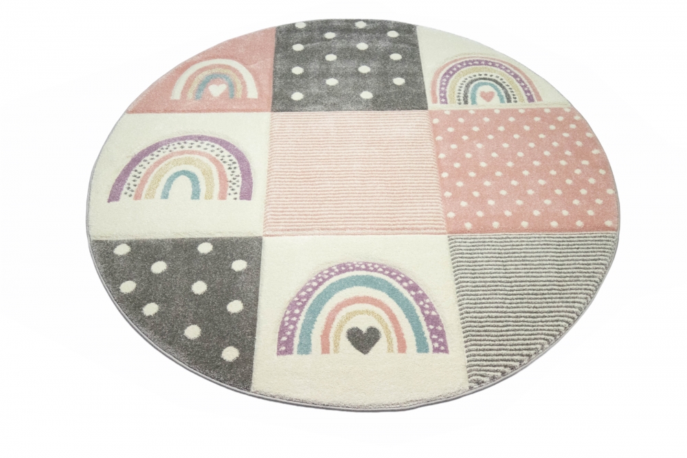 Kinderteppich Kinderzimmer Spiel Teppich Herzchen Regenbogen Punkte Design creme rosa grau