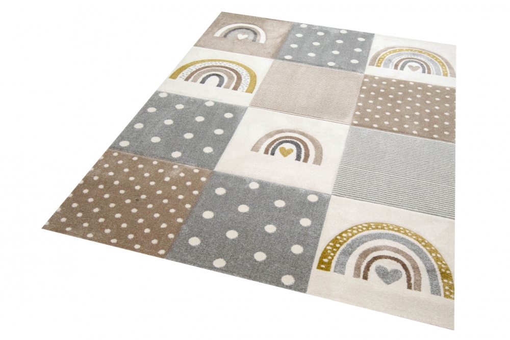 Kinderteppich Kinderzimmer Spiel Teppich Herzchen Regenbogen Punkte Design creme beige grau