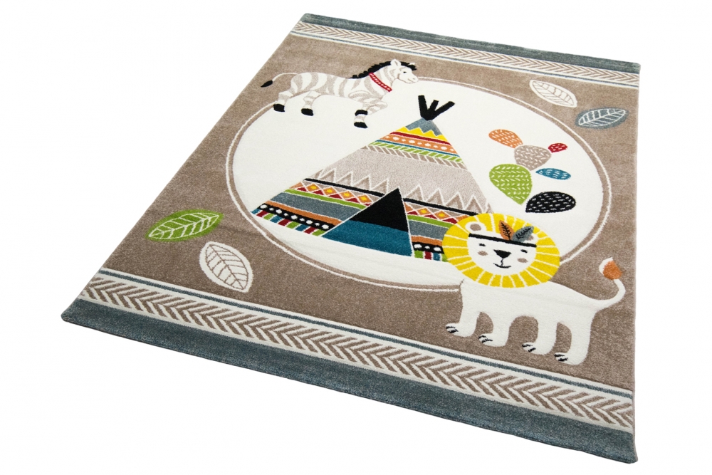 Spielteppich Kinderzimmer Löwe Indianer Zelt Kaktus Zebra creme beige blau braun