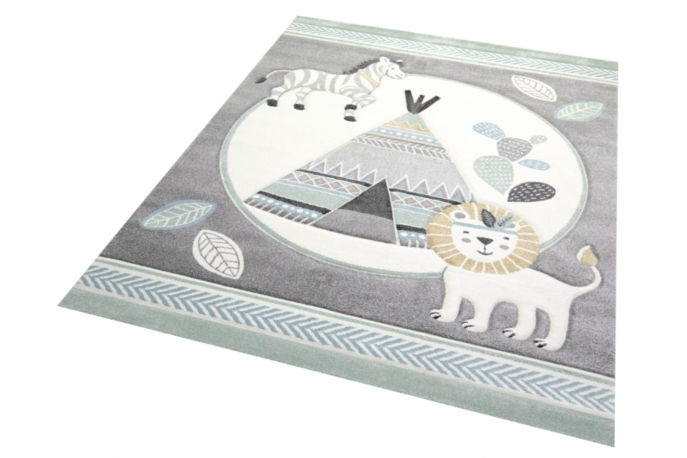 Spielteppich Kinderzimmer Kaktus Zebra Indianer Zelt Löwe gelb grau creme