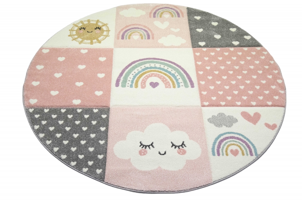 Spielteppich Kinderzimmer Teppich Herzchen Wolken Regenbogen Punkte rosa creme grau