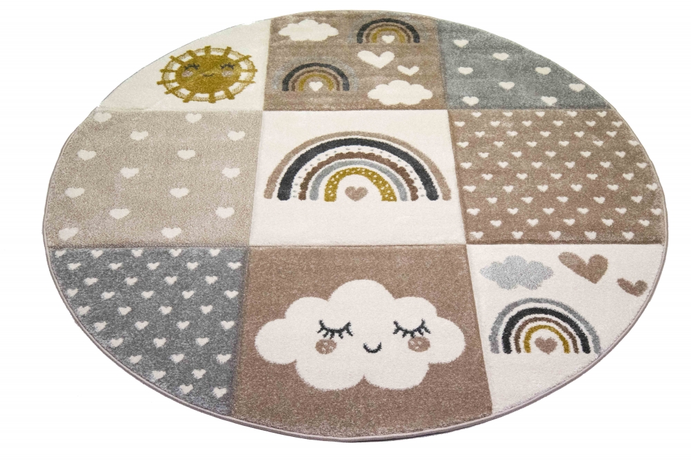 Spielteppich Kinderzimmer Teppich Herzchen Wolken Regenbogen Punkte grau beige braun