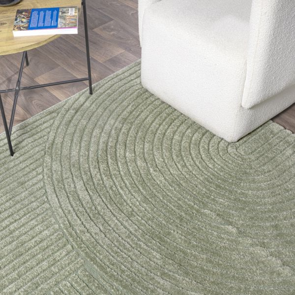 Designteppich grün mit Relieflinien modern pflegeleicht strukturiert