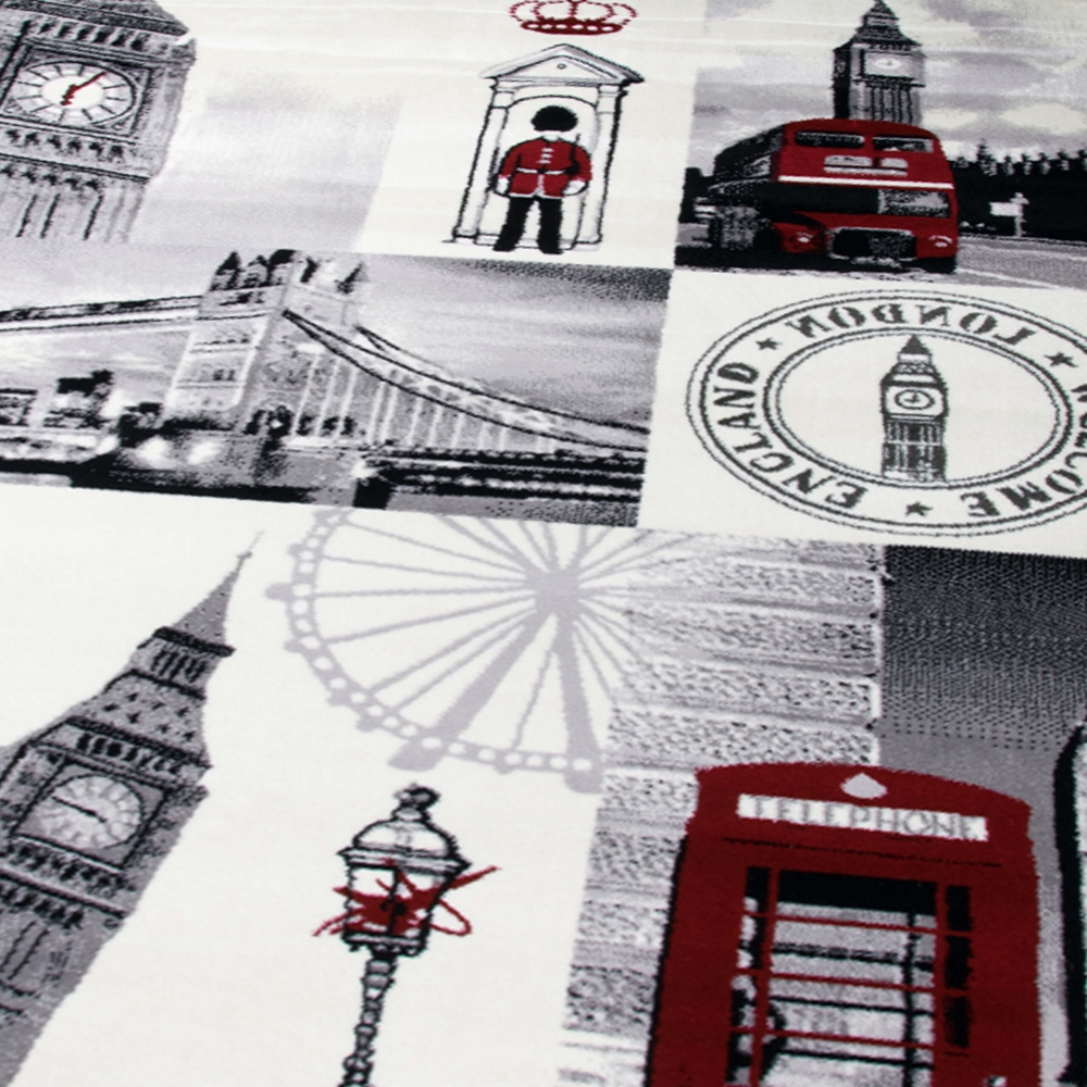 Designteppich London Patchwork Creme Grau mit roten Highlights