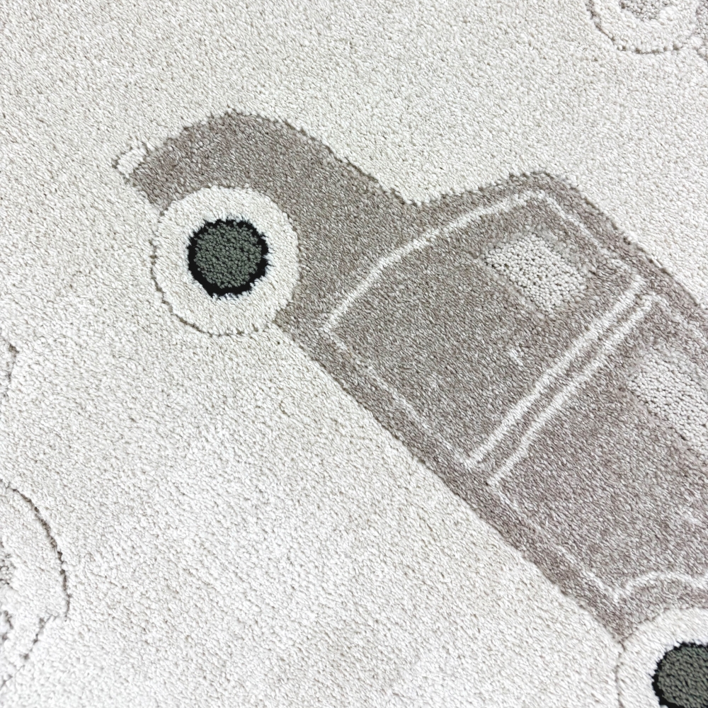 Kinderteppich mit Höheneffekt und verschiedenen Autos in creme beige