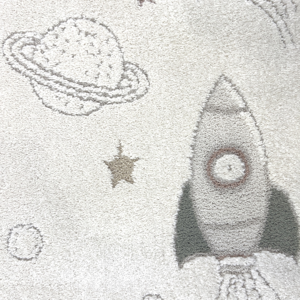 Abenteuerlicher Kinderteppich Raumschiffen Planeten Sterne in creme grau beige