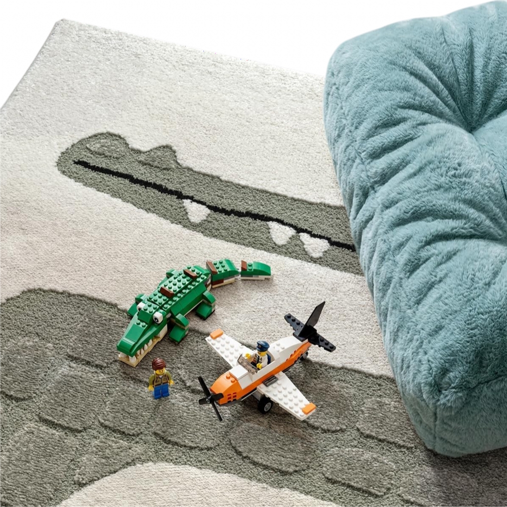 Design Kinderteppich Krokodil minimalistisch Creme Grün 3D Struktur