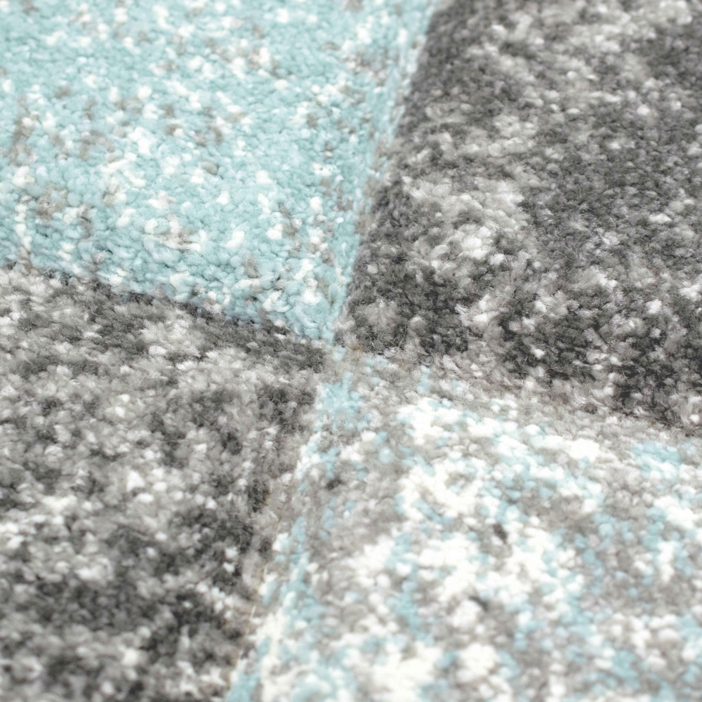 Abstrakter Teppich Flur Wohnzimmer modernes Karomuster in blau creme grau - pflegeleicht