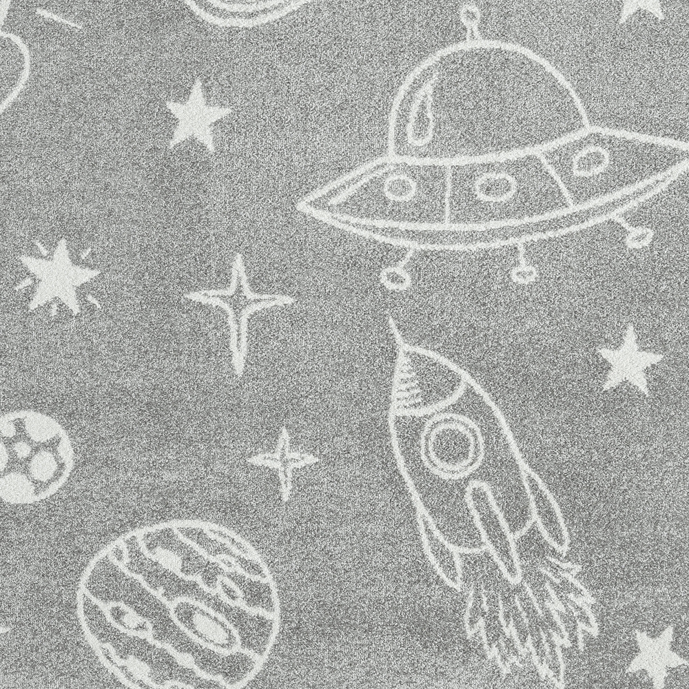 Galaktischer Spaß im Kinderzimmer: Grauer Teppich mit weißen Raumschiffen und Planeten