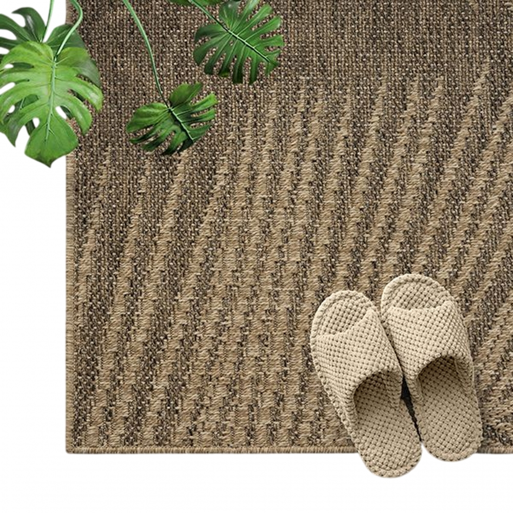 Stilvoller In- und Outdoorteppich im tropischen Blättermuster in Beige Braun