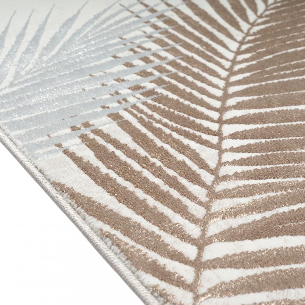 Moderner Creme Teppich mit Palmblattmuster und Glanzoptik