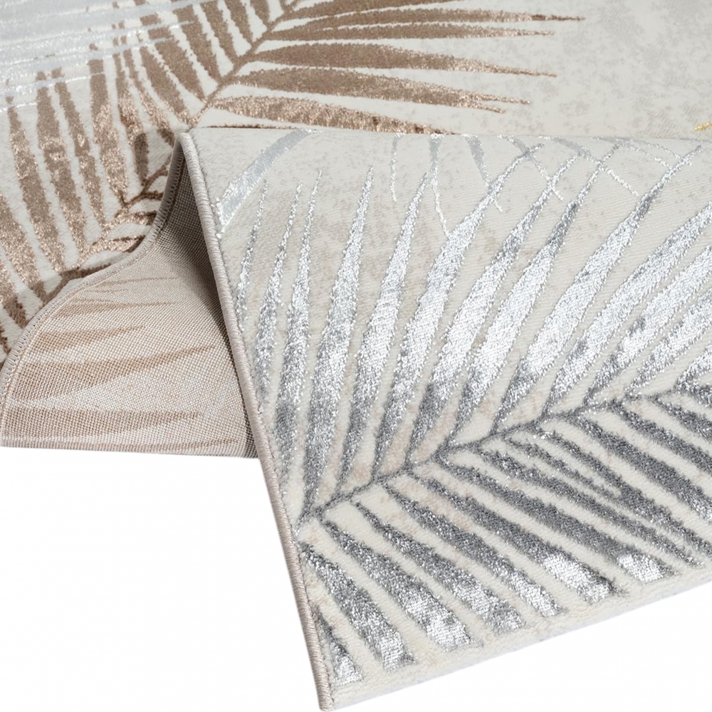 Moderner Creme Teppich mit Palmblattmuster und Glanzoptik