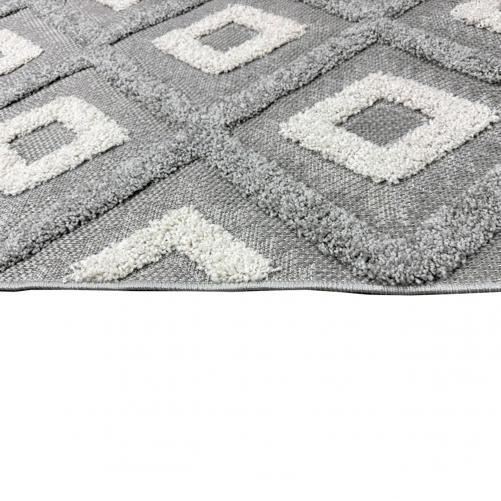 Moderner Teppich für Wohnzimmer und Flur in Grau und Beige mit Rautenmuster und Hoch-Tief-Effekt