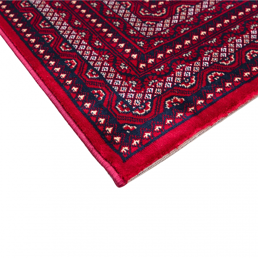Teppich Rot Dunkelblau mit klarer Geometrie und Rahmenstruktur