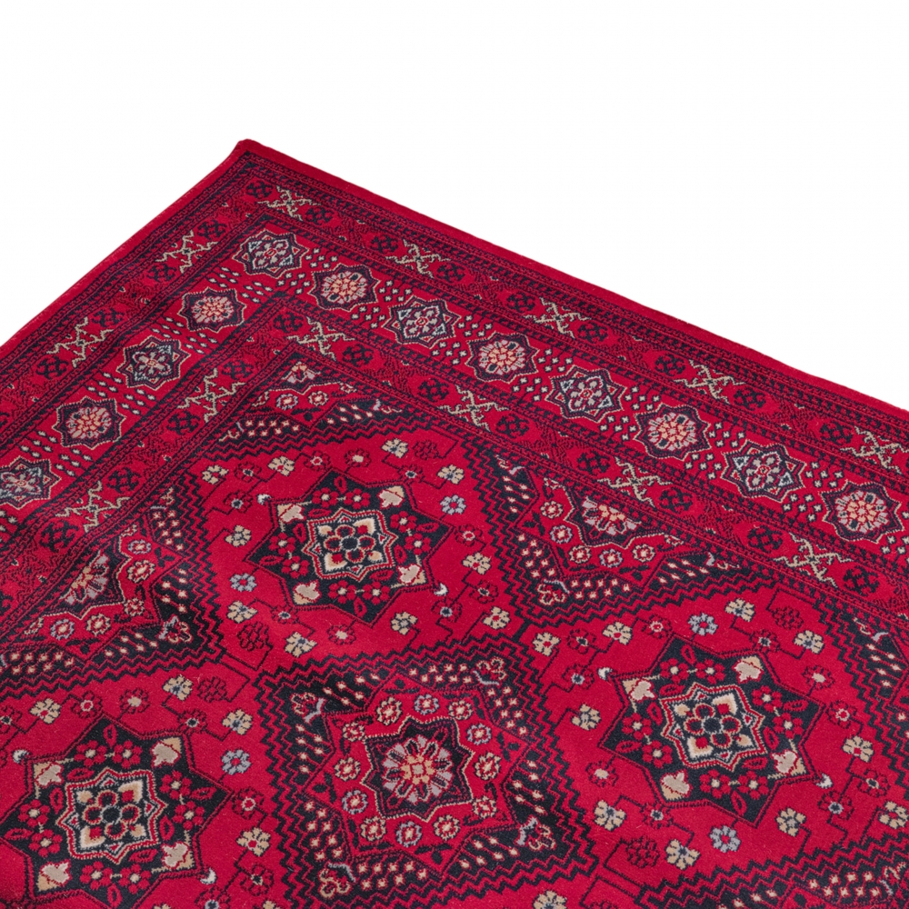 Teppich Rot Schwarz mit symmetrischem Medaillonraster und Bordüre
