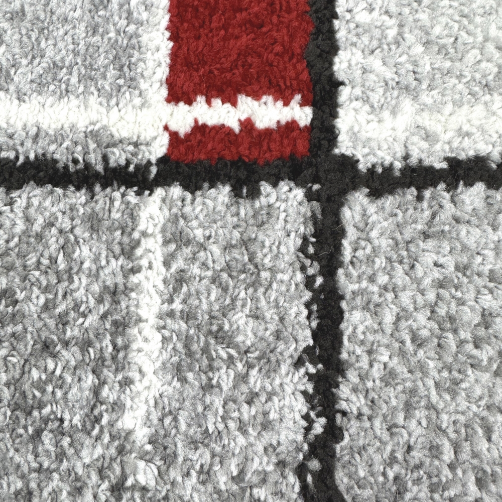 Designerteppich mit grafischem Muster – Grau, Rot & Weiß