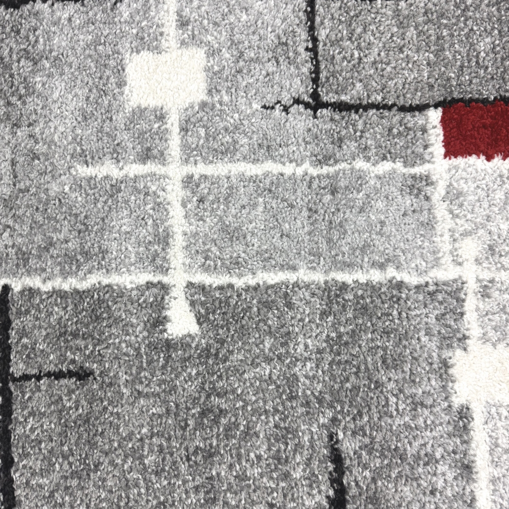 Designerteppich mit grafischem Muster – Grau, Rot & Weiß