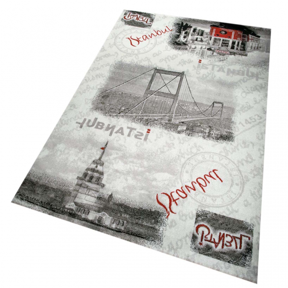 Designteppich Istanbul Patchwork Grau Creme Rot Schwarz modern