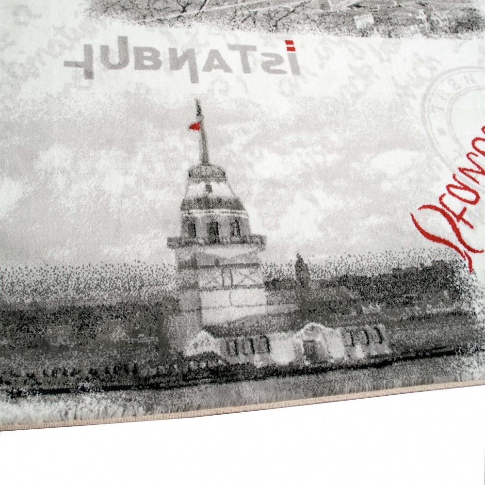 Designteppich Istanbul Patchwork Grau Creme Rot Schwarz modern