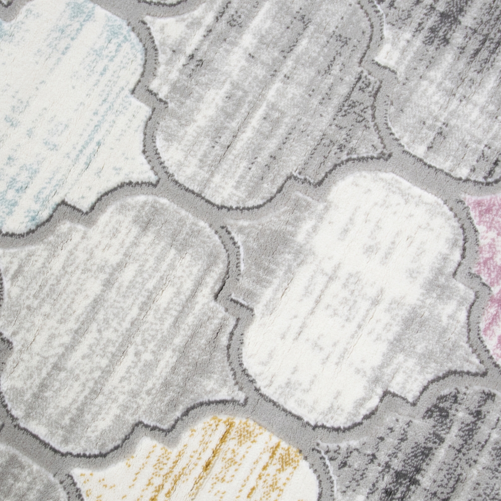 Designteppich mit marokkanischem Muster Grau mit farbigen Akzenten Designteppich mit marokkanischem Muster Grau mit farbigen Akzenten