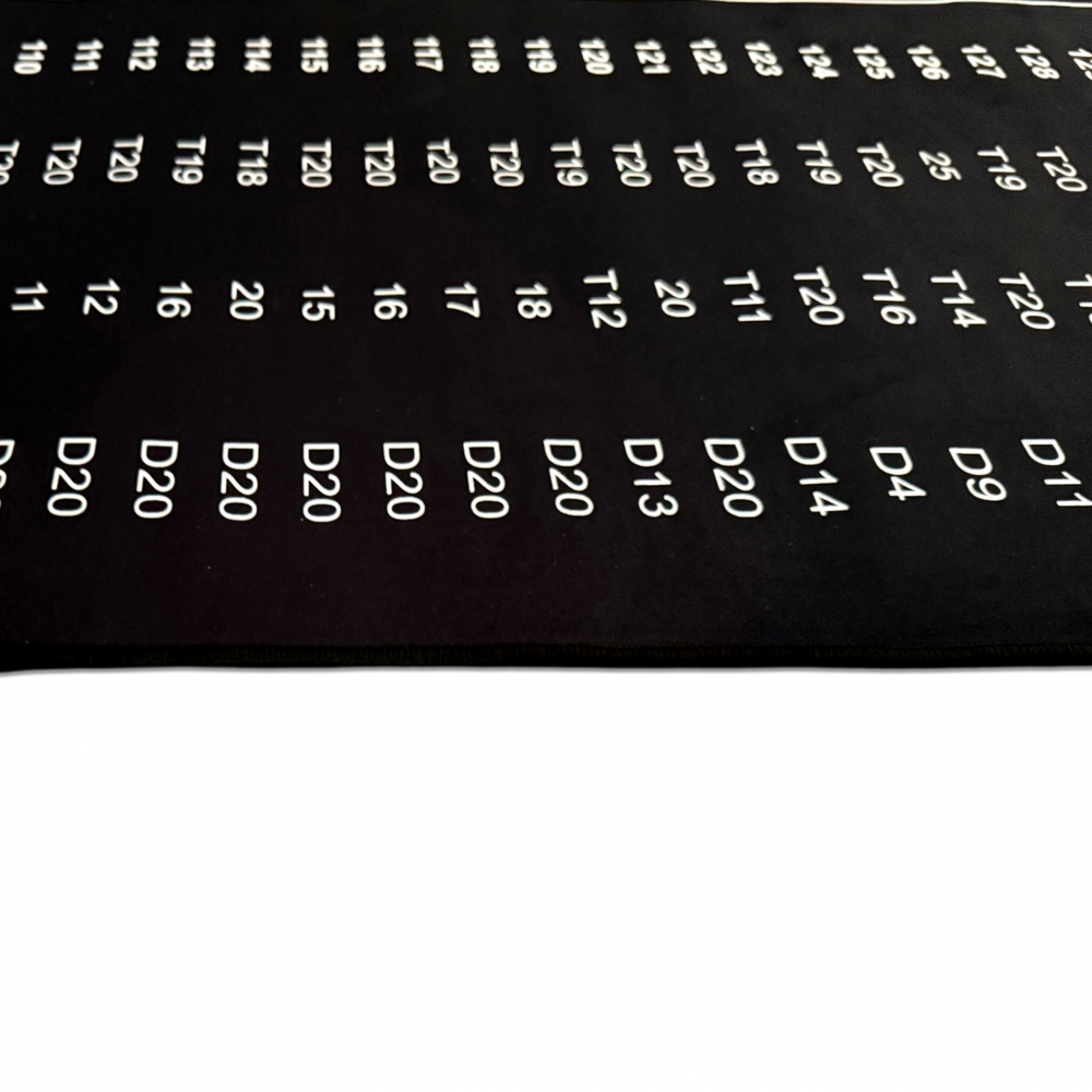 Schwarze Dartmatte mit weiß grauen Abwurflinien