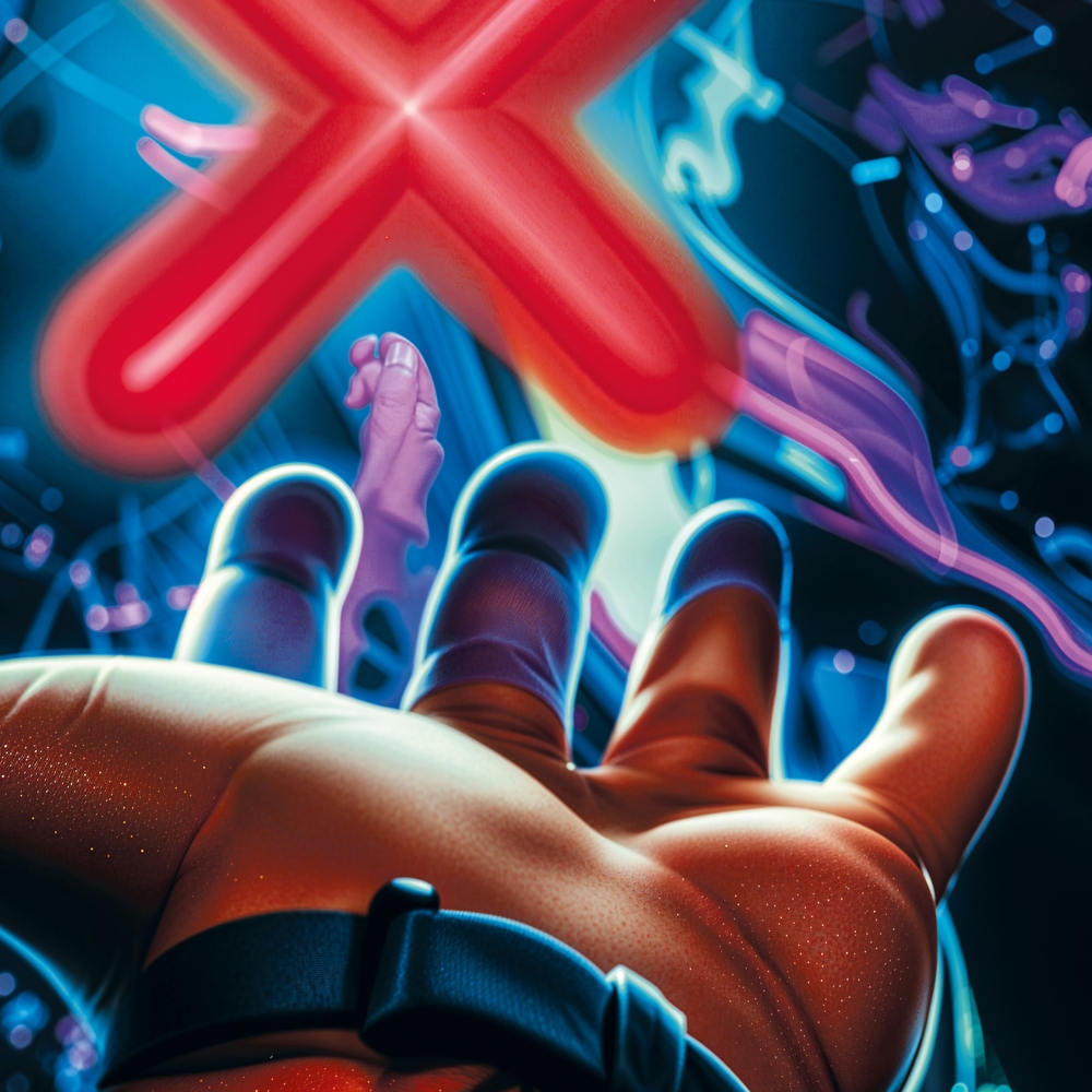 Auffälliger Gaming-Teppich mit lebendig-bunten neon-farbigen Symbolen und schwebendem Controller