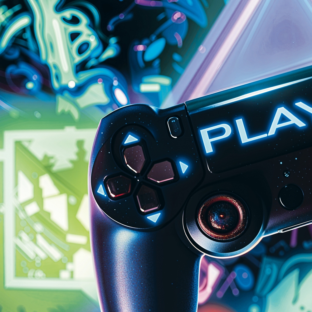 Auffälliger Gaming-Teppich mit lebendig-bunten neon-farbigen Symbolen und schwebendem Controller