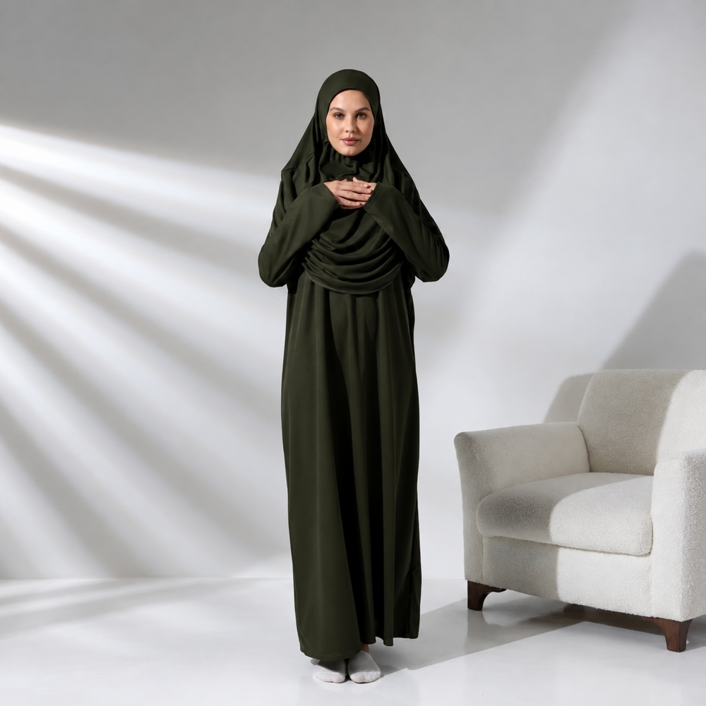 Dunkelgrünes Gebetsset mit Kleid Gebetsteppich und Zählkette