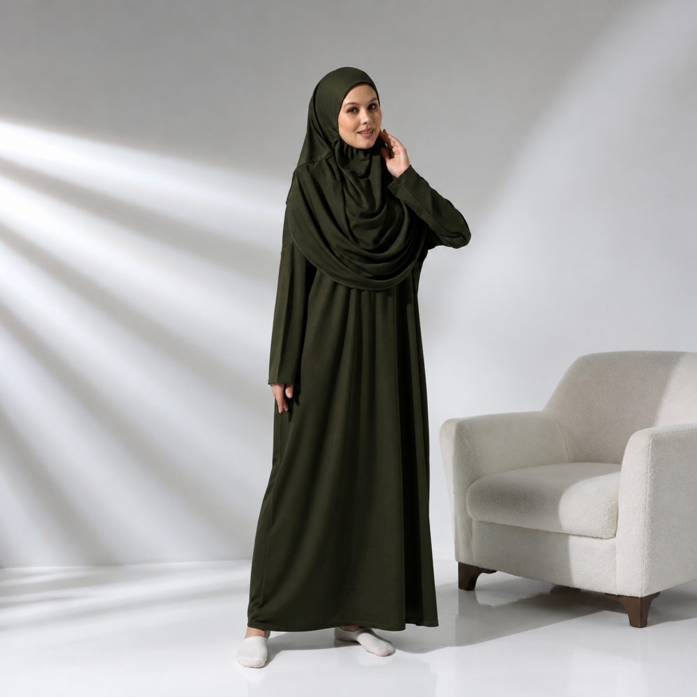 Dunkelgrünes Gebetsset mit Kleid Gebetsteppich und Zählkette