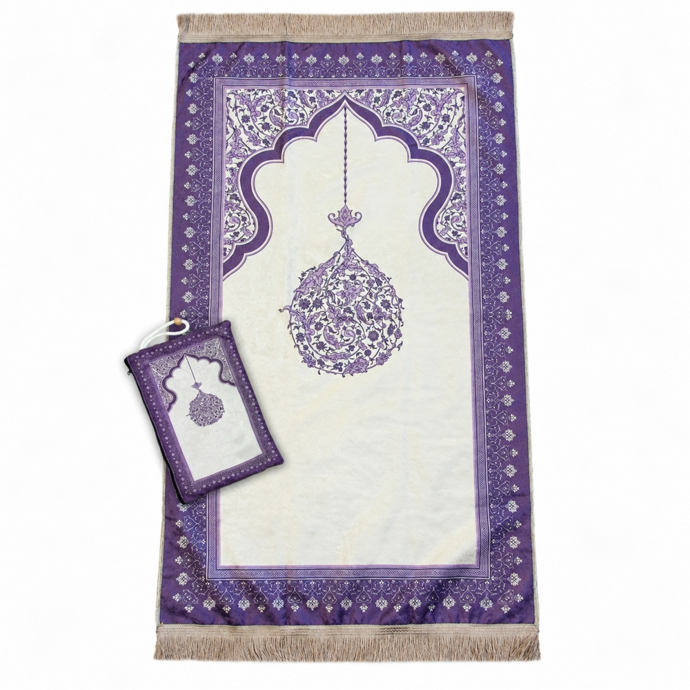 Gebetsteppich Lila mit floraler Bordüre und passender Tasche