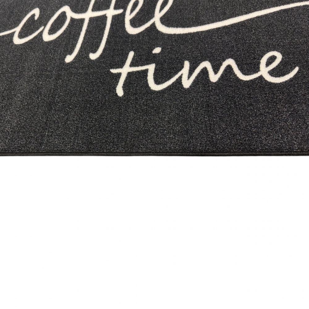 Grafischer Küchenteppich Schwarz mit Coffee-Time-Typografie und Linie