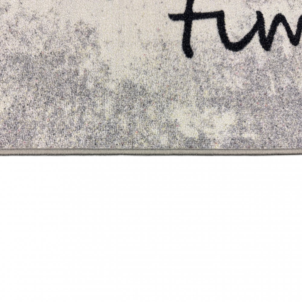 Grafischer Küchenteppich Grau mit Coffee-Time-Typografie und Struktur