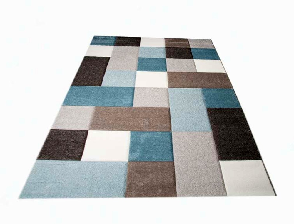Teppich Wohnzimmerteppich Kurzflor Karo pastell türkis blau beige mit Konturenschnitt