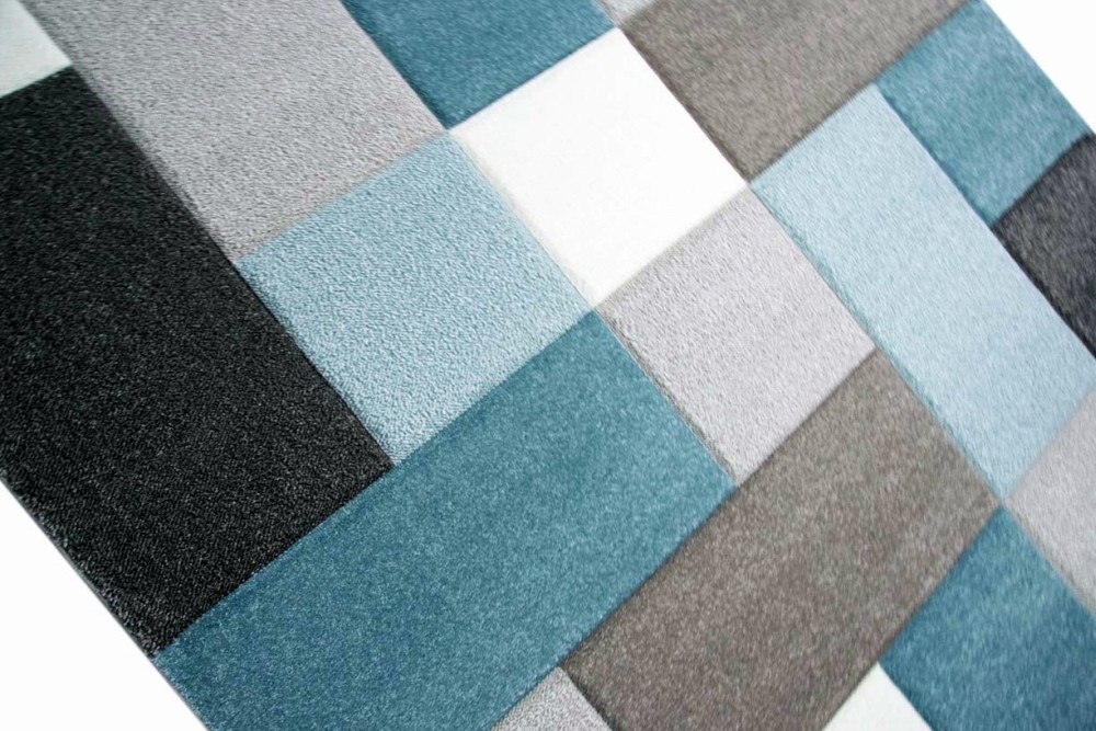 Teppich Wohnzimmerteppich Kurzflor Karo pastell türkis blau beige mit Konturenschnitt