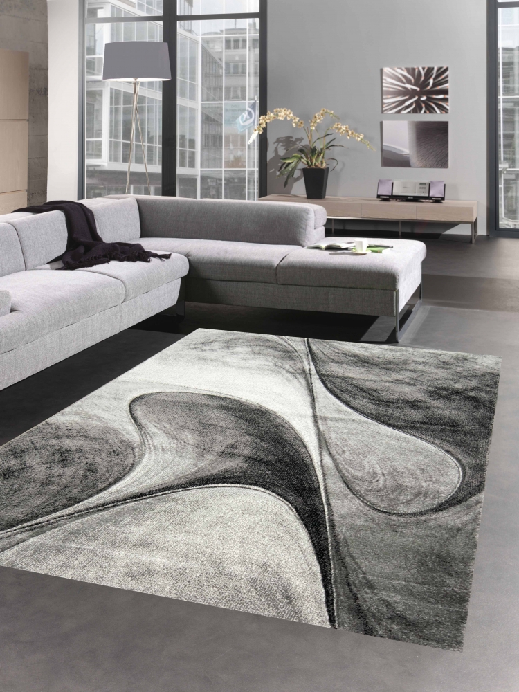 Teppich modern Wohnzimmerteppich Designer Teppich abstrakt in grau creme