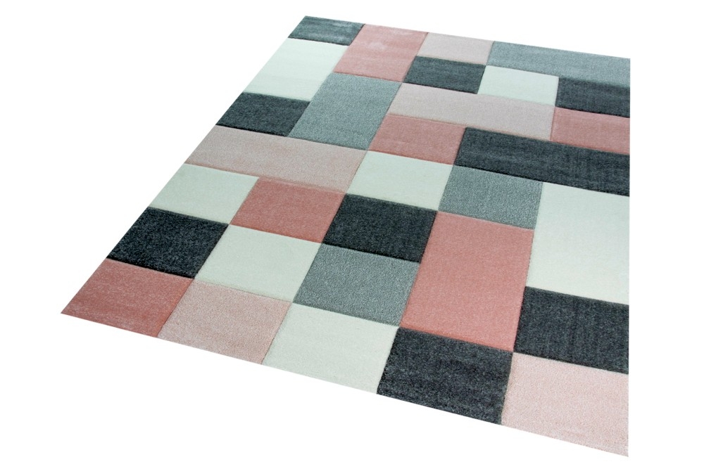 Moderner Teppich Wohnzimmerteppich Kurzflor Karo pastell rosa creme grau