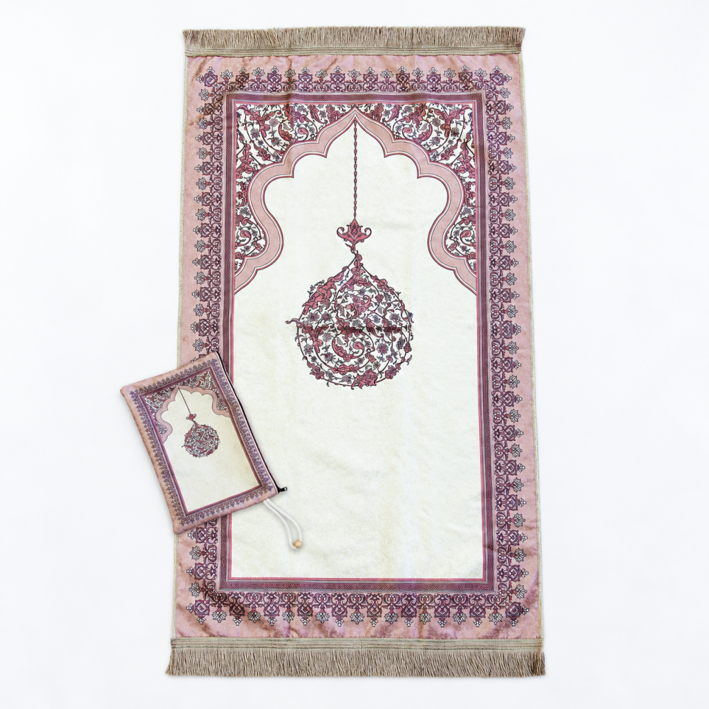 Gebetsteppich Fuchsia mit floraler Bordüre und passender Tasche