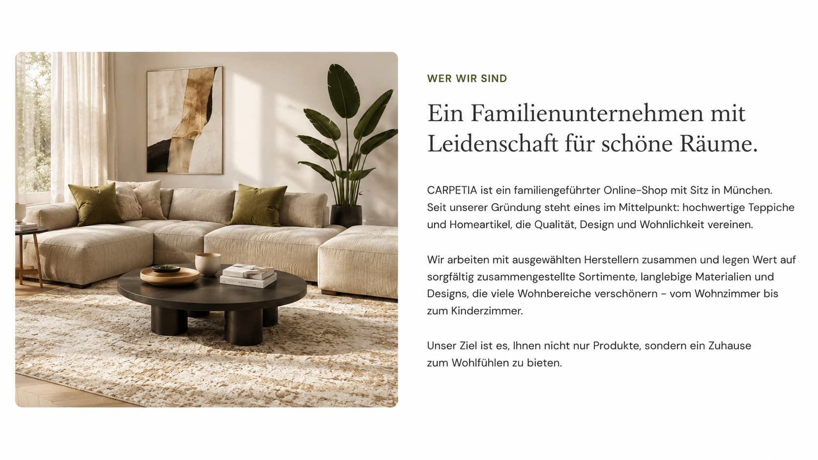 Wohnzimmer mit hellem Teppich und Informationen über CARPETIA