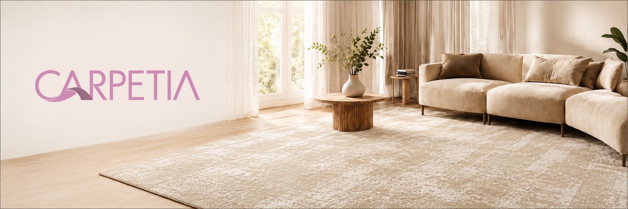 Helles Wohnzimmer mit cremefarbenem Teppich und moderner Einrichtung