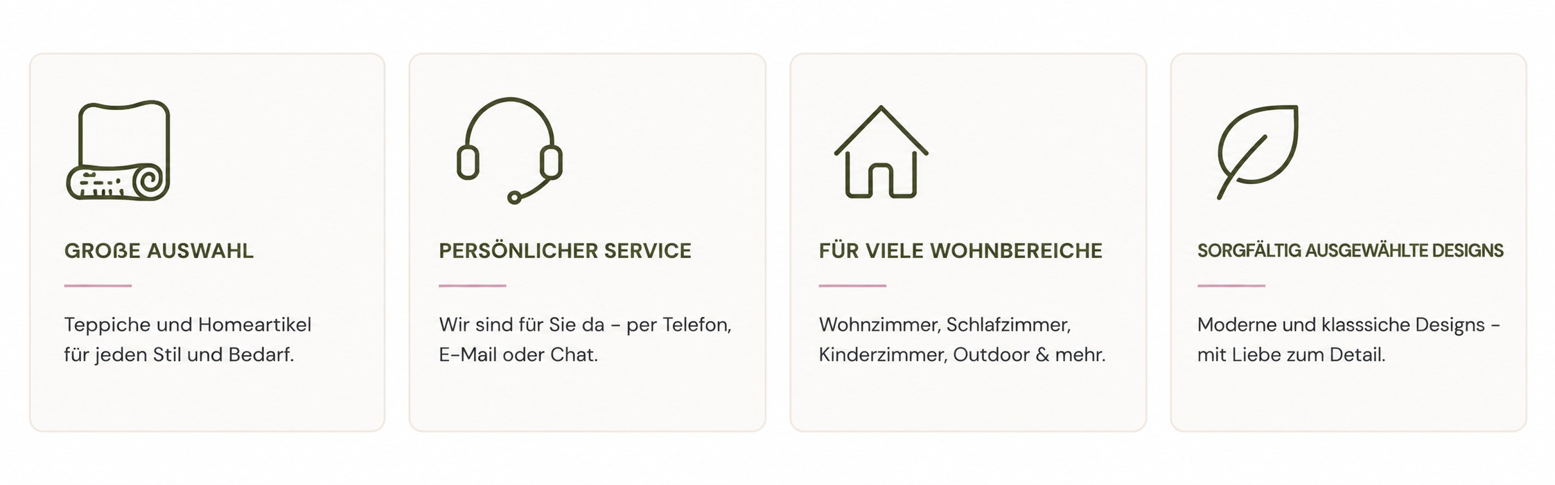 Übersicht zu Auswahl, Kundenservice, Wohnbereichen und Designs