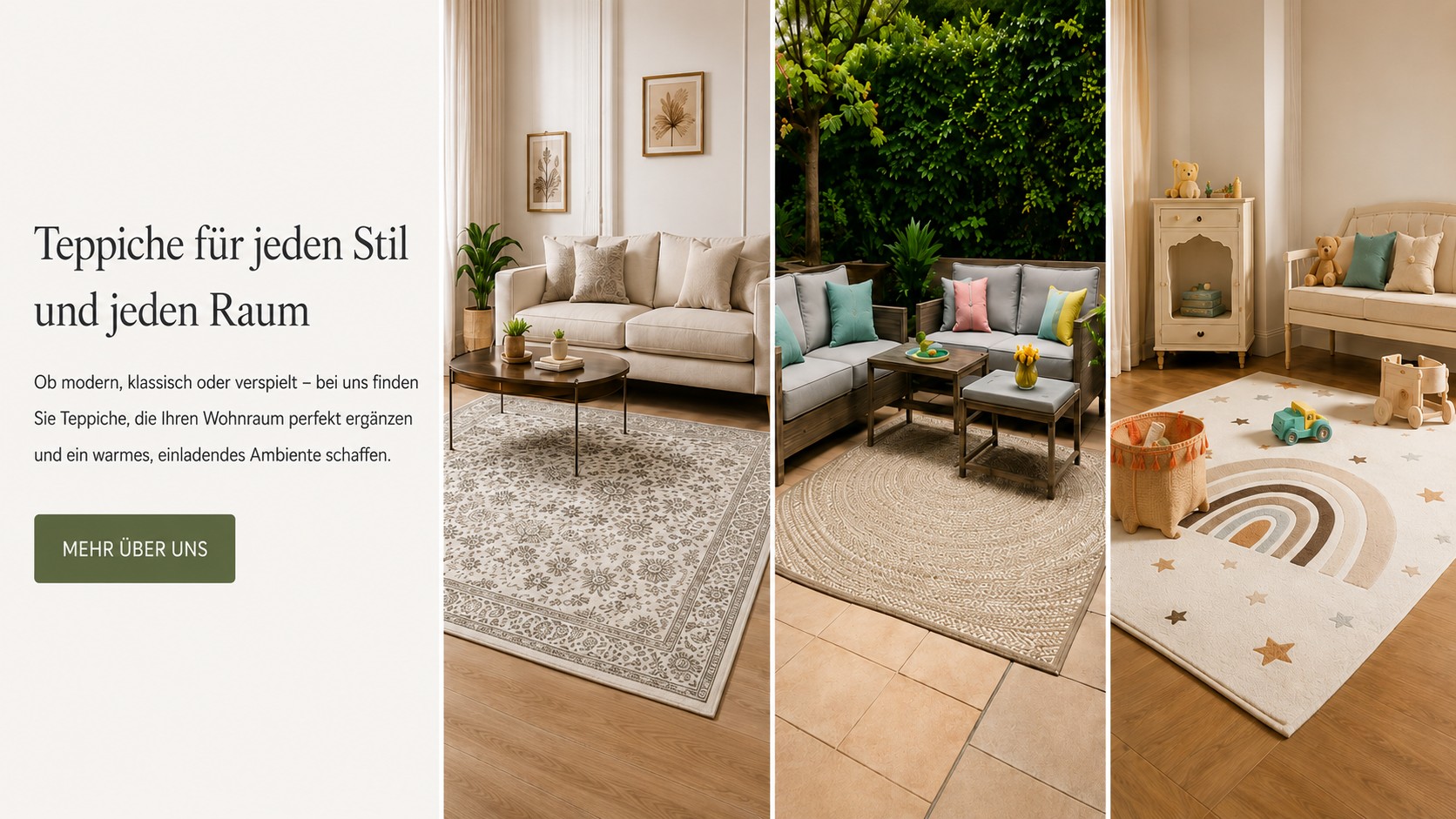 Themenbanner mit Teppichen für Wohnzimmer, Outdoor, Kinderzimmer und Flur