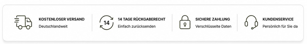 Servicebanner mit kostenlosem Versand in Deutschland, 30 Tagen Rückgaberecht, sicherer Zahlung und Kundenservice