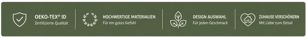 Vorteilsbanner mit Hinweisen zu geprüfter Qualität, Materialien, Designauswahl und Wohnraumgestaltung