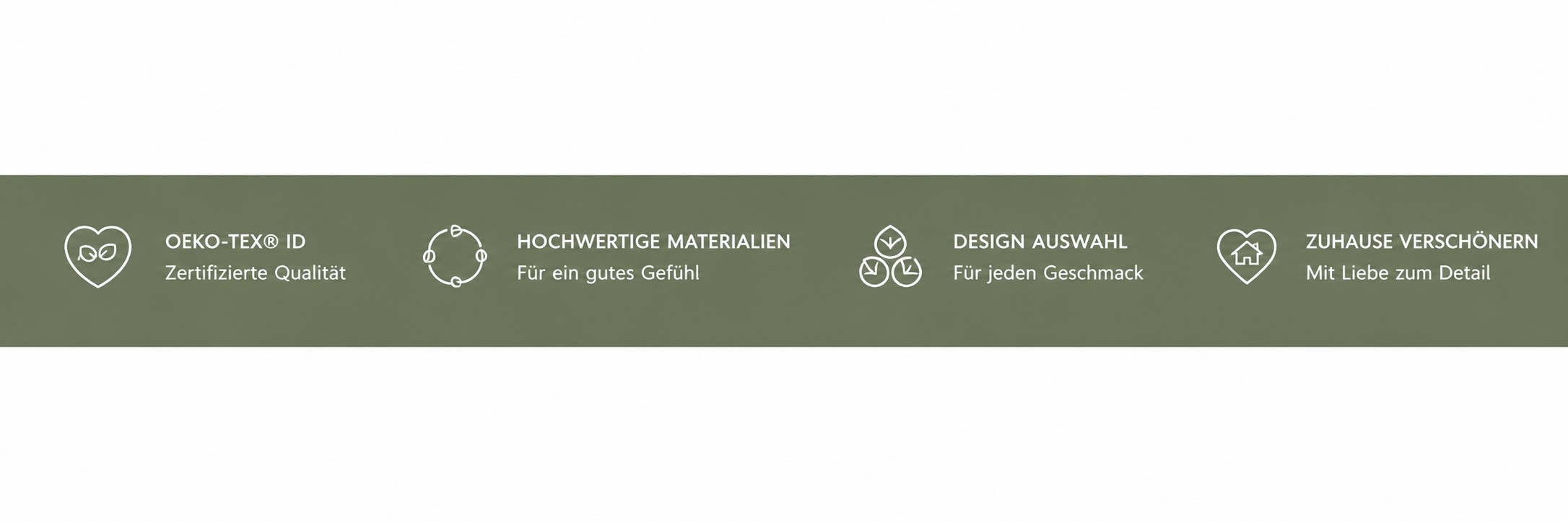Vorteilsbanner mit Hinweisen zu geprüfter Qualität, Materialien, Designauswahl und Wohnraumgestaltung