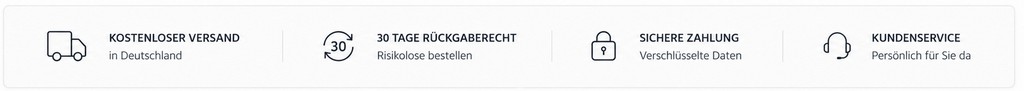 Servicebanner mit kostenlosem Versand in Deutschland, 30 Tagen Rückgaberecht, sicherer Zahlung und Kundenservice